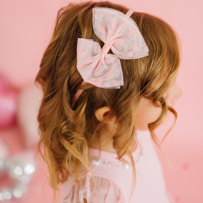 Flocked Heart Valentine's Day Tulle Bow Headband, Pink - Hair Accessories - 3