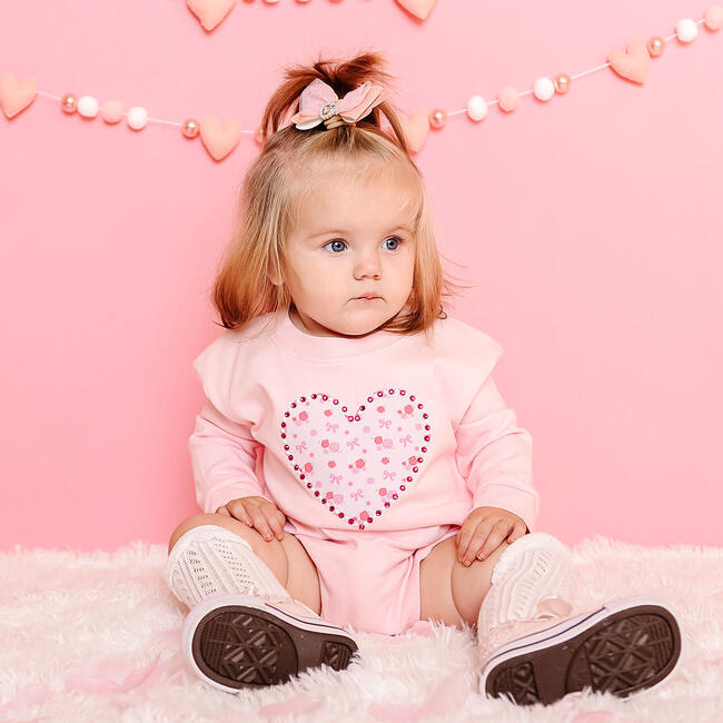 Dainty Rose Pearl Heart Patch Long Sleeve Romper, Ballet