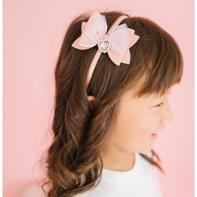 Heart Charm Glitter Bow Headband, Pink - Hair Accessories - 3