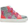 Miss Hannah Glitter Double-Velcro High-Top Sneaker, Pink And Silver - Sneakers - 1 - thumbnail