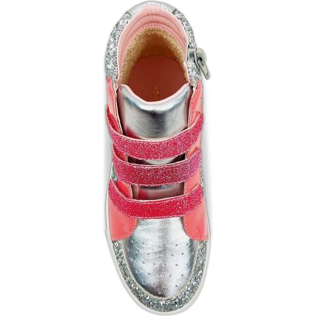 Miss Hannah Glitter Double-Velcro High-Top Sneaker, Pink And Silver