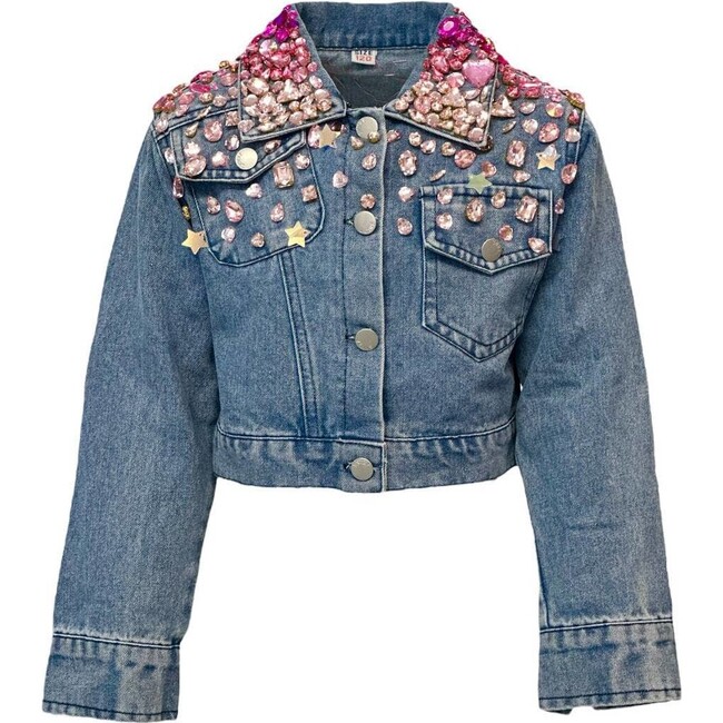 Sparkle Queen Rhinestone Gem Denim Crop Jacket, Blue