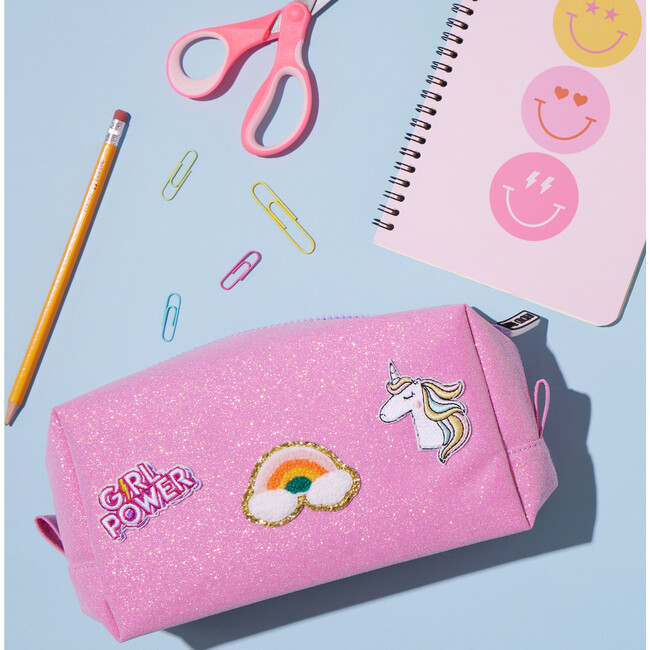 Glitter Pencil Pouch With Patches, Pink - Bags - 3