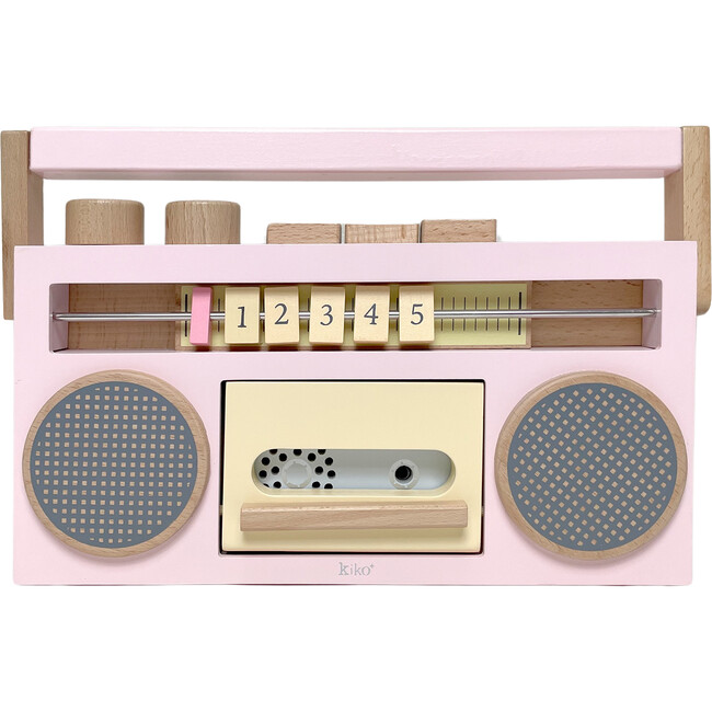 retro wooden boombox tape recorder, pink