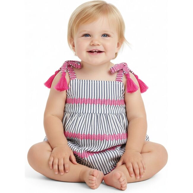 Zoe Baby Romper Marine Stripe Embroidery, Blue