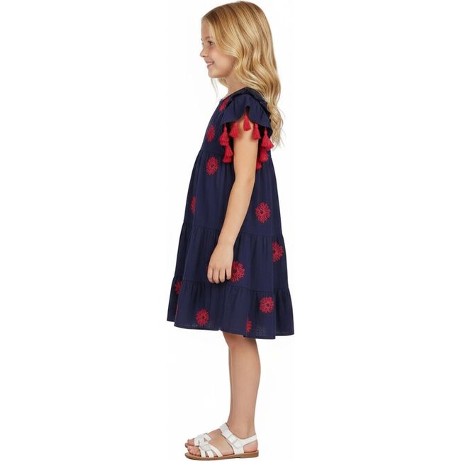 Sophie Girls Tassel Dress Navy Embroidery, Pink - Dresses - 3