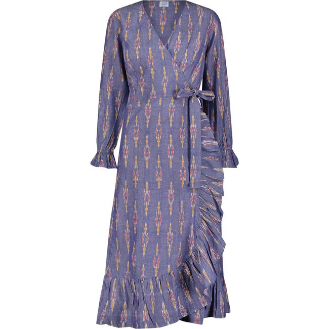Genevieve Womens Ruffle Wrap Dress Chambray Ikat, Blue - Dresses - 1