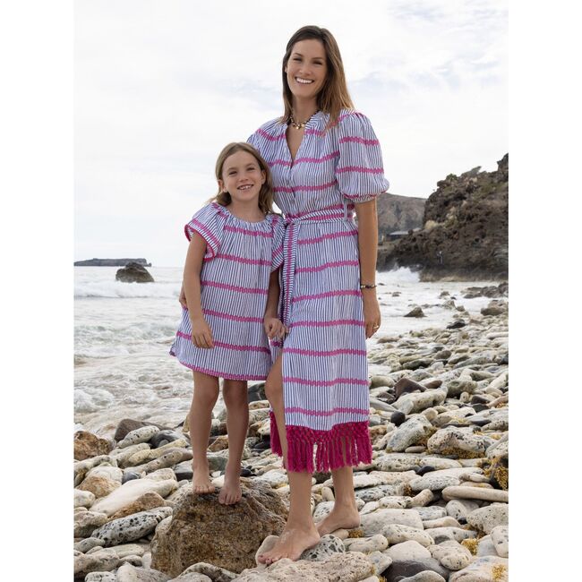 Estelle Womens Fringed Shirtdress Marine Stripe Embroidery, Blue