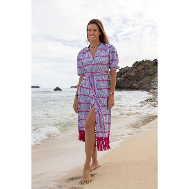 Estelle Womens Fringed Shirtdress Marine Stripe Embroidery, Blue - Dresses - 3