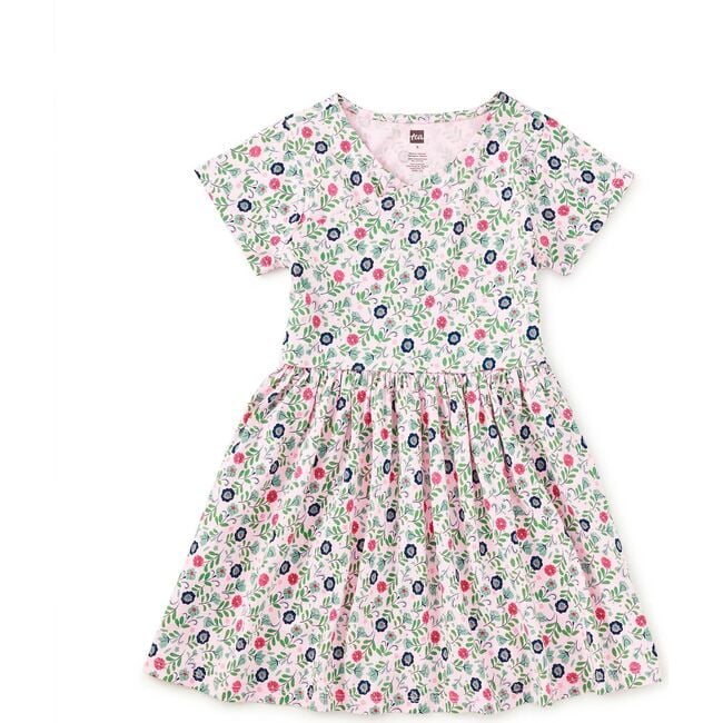 Short Sleeve Wrap Neck Dress, Azulejos Florales