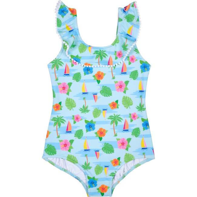 Tropical Print Ruffle Neck Swimsuit