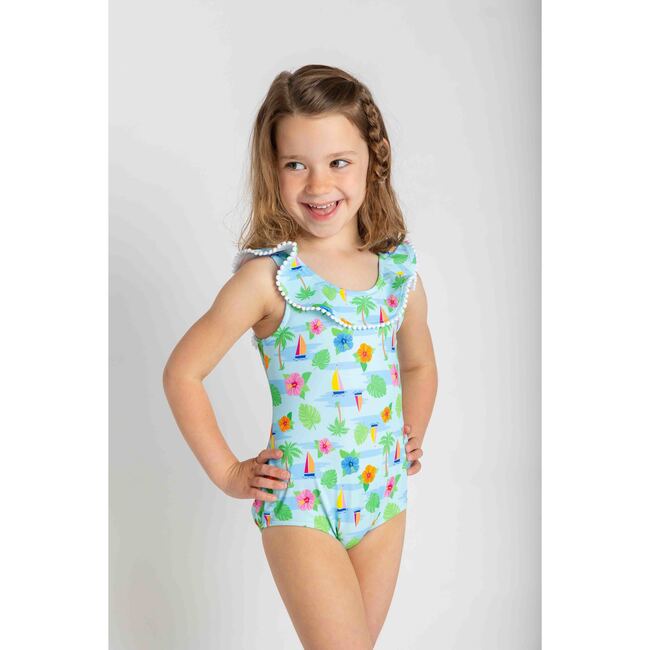 Tropical Print Ruffle Neck Swimsuit