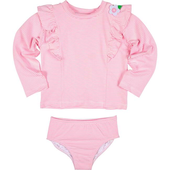 Stripe Seersucker Rashguard Swimsuit With Flower