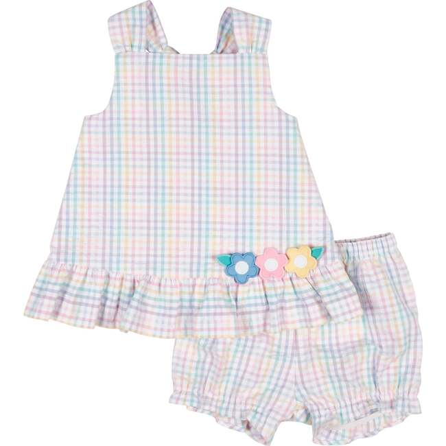 Plaid Seersucker Dress And Bloomer With Flowers