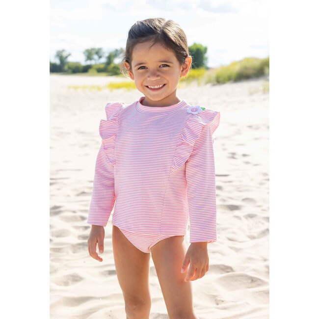 Stripe Seersucker Rashguard Swimsuit With Flower