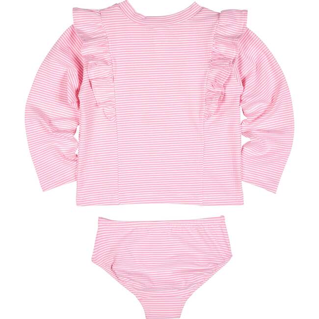 Stripe Seersucker Rashguard Swimsuit With Flower - One Pieces - 3