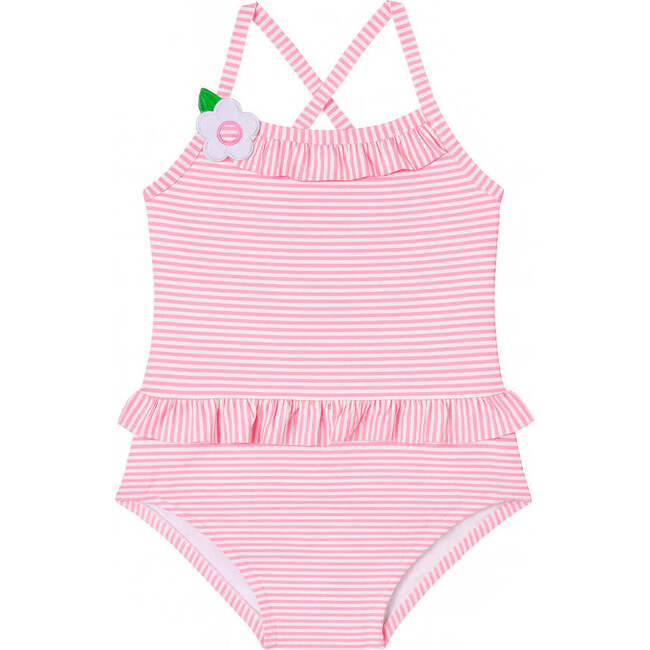 Stripe Seersucker Swimsuit with Flower