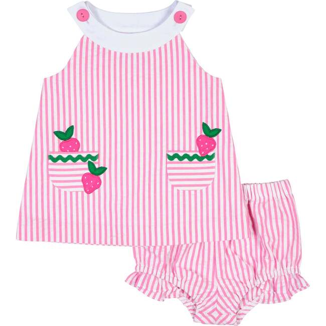 Seersucker Dress & Bloomer With Strawberries