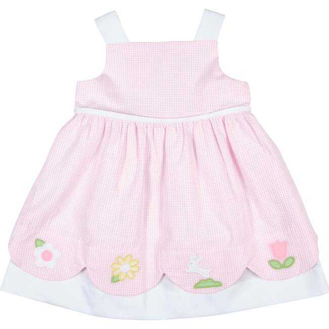 Seersucker Check Dress W/Flowers & Bunny