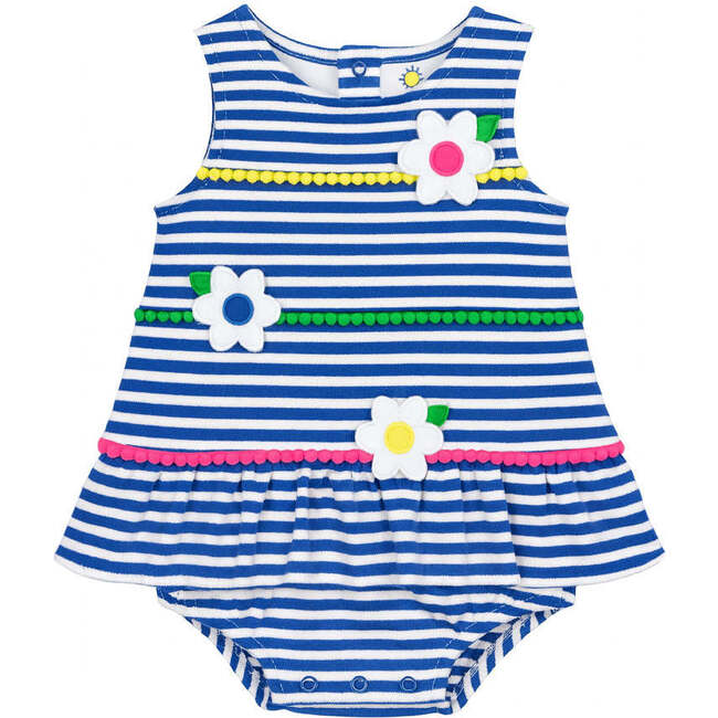 Stripe Knit Romper With Pom Poms & Flowers