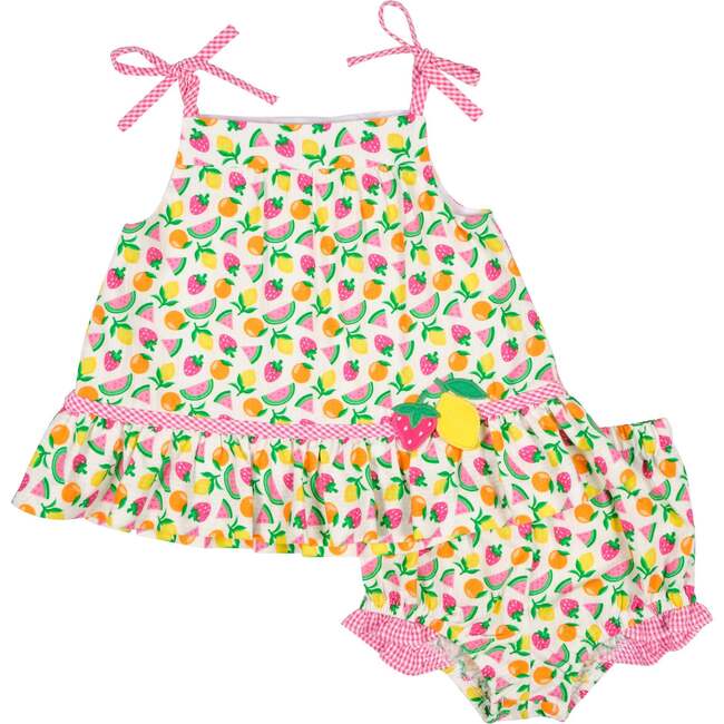 Printed Seersucker Dress & Bloomer With Fruit