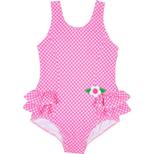 Gingham Swimsuit With Ruffles And Flower