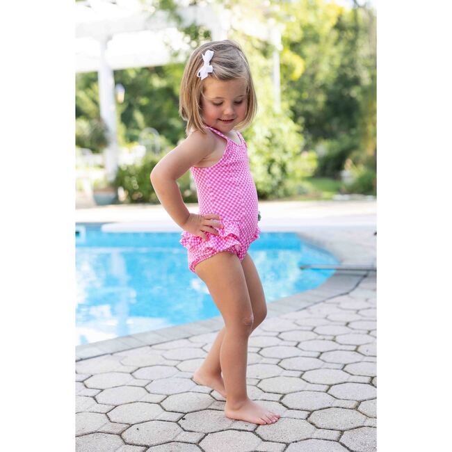 Gingham Swimsuit With Ruffles And Flower