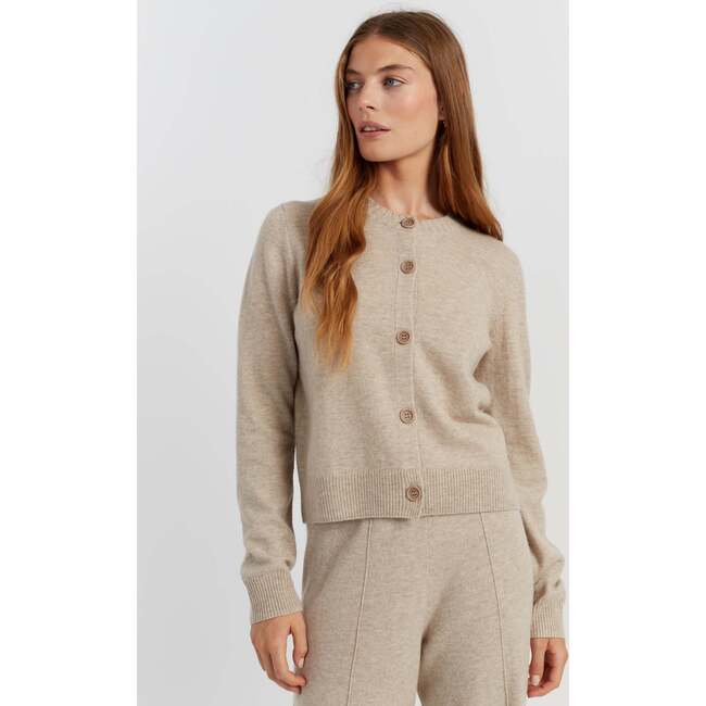 Wool Cashmere Blend Crew Neck Cropped Cardigan, Soft Oat