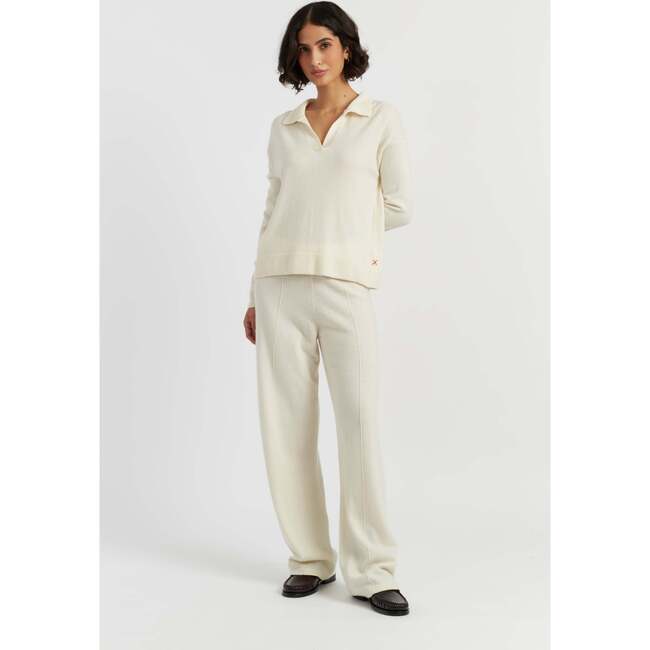 Wool Cashmere Blend V Neck Collared Sweater, Cream - Sweaters - 3