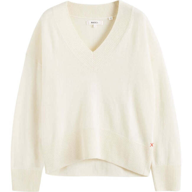 V Neck Wool Cashmere Slouchy Lightweight Sweater, Cream - Sweaters - 4