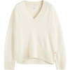 V Neck Wool Cashmere Slouchy Lightweight Sweater, Cream - Sweaters - 4