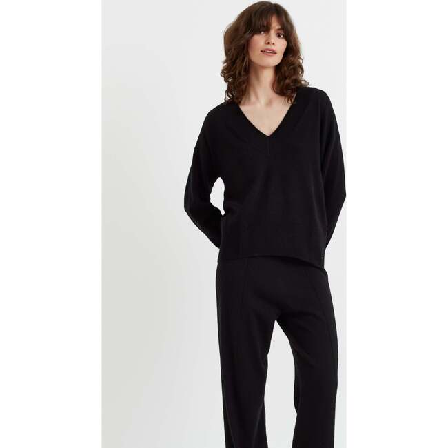 V Neck Wool Cashmere Slouchy Lightweight Sweater, Black