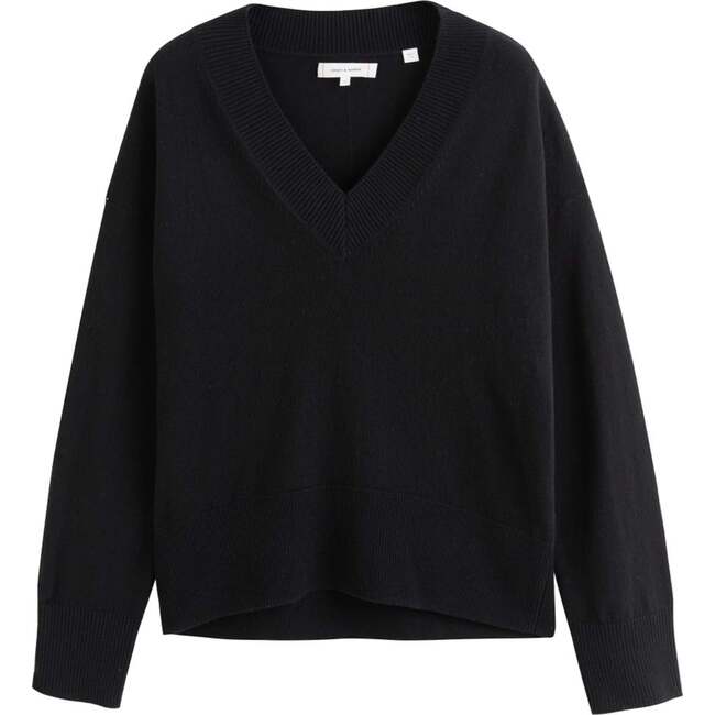 V Neck Wool Cashmere Slouchy Lightweight Sweater, Black