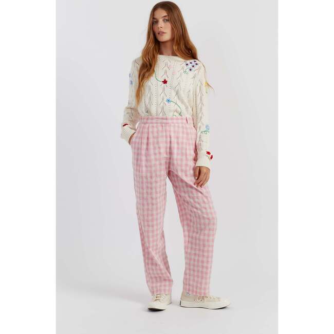 Linen Blend Gingham Trousers, Pink