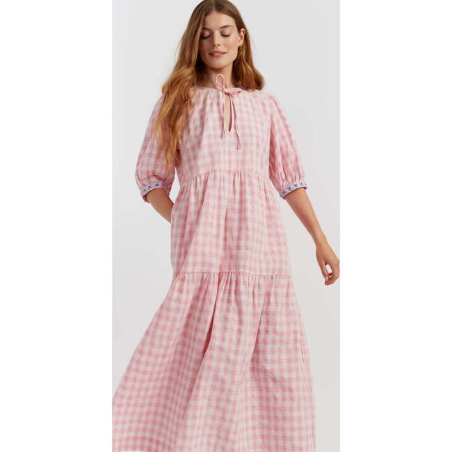 Linen-Blend Gingham Daisy Day Dress, Pink
