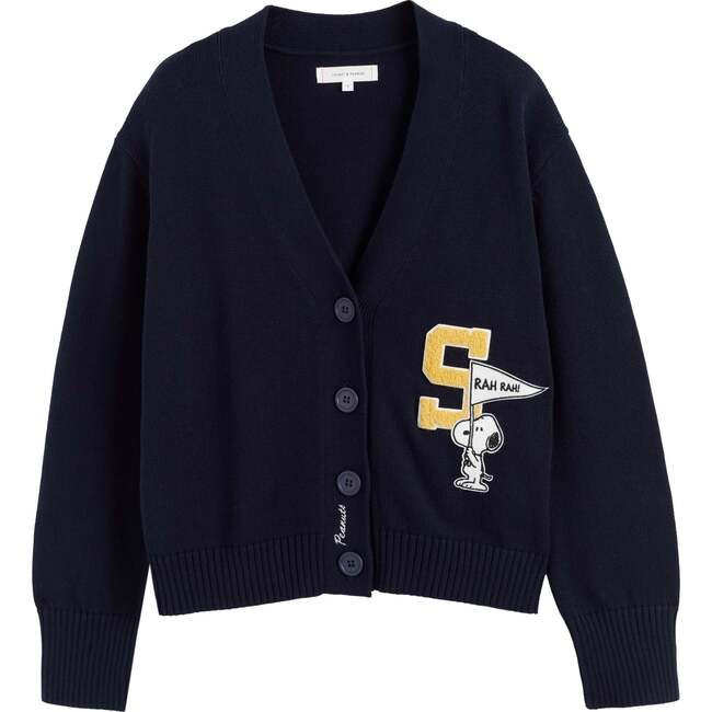 Cotton Snoopy Varsity Cardigan, Navy - Sweaters - 3