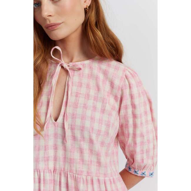 Linen-Blend Gingham Daisy Day Dress, Pink - Dresses - 4