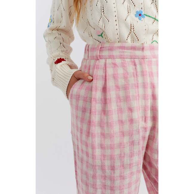 Linen Blend Gingham Trousers, Pink - Pants - 3