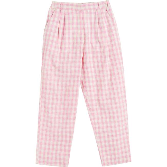 Linen Blend Gingham Trousers, Pink - Pants - 4