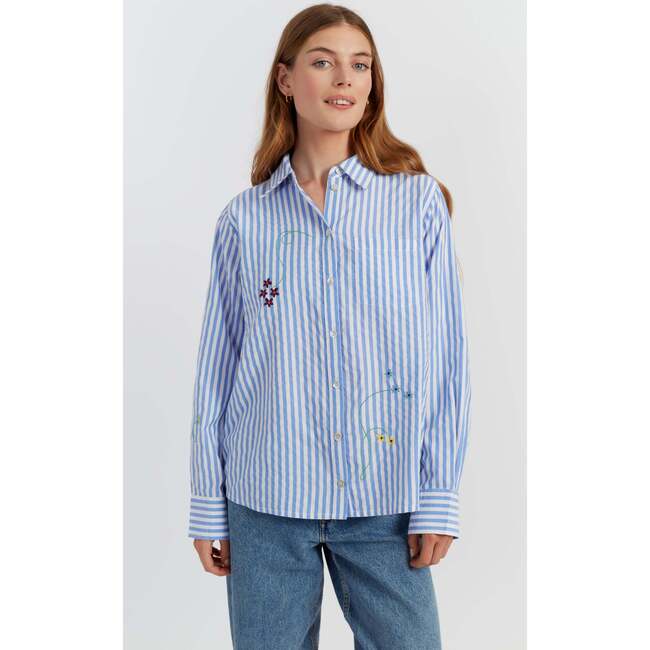 Cotton Oxford Stripe Floral Shirt, Blue