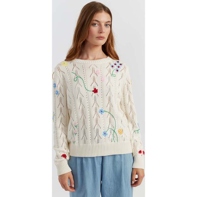 Cotton Hand Embroidered Floral Sweater, Cream