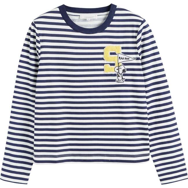 Cotton Snoopy Varsity Long Sleeve T-shirt, Navy - Sweaters - 5