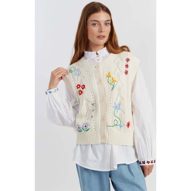Cotton Hand Embroidered Floral Tank, Cream