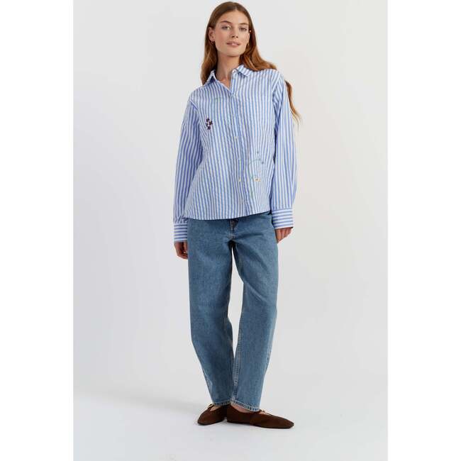 Cotton Oxford Stripe Floral Shirt, Blue