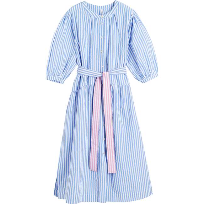 Cotton Oxford Stripe Dress, Blue - Dresses - 4