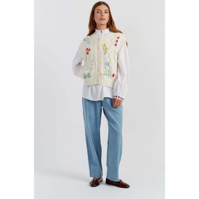 Cotton Hand Embroidered Floral Tank, Cream