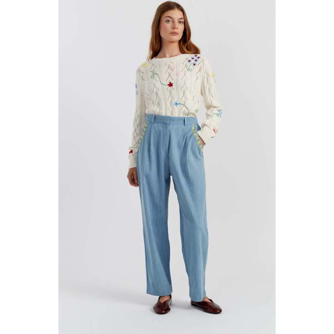 Cotton Chambray Daisy Trousers, Blue - Pants - 3