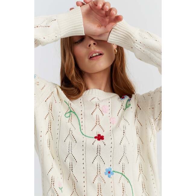 Cotton Hand Embroidered Floral Sweater, Cream - Sweaters - 3