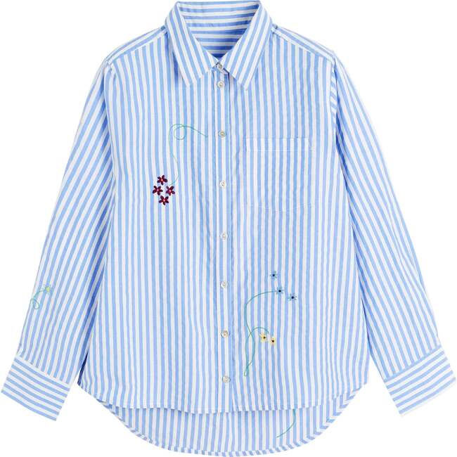 Cotton Oxford Stripe Floral Shirt, Blue - Sweaters - 4