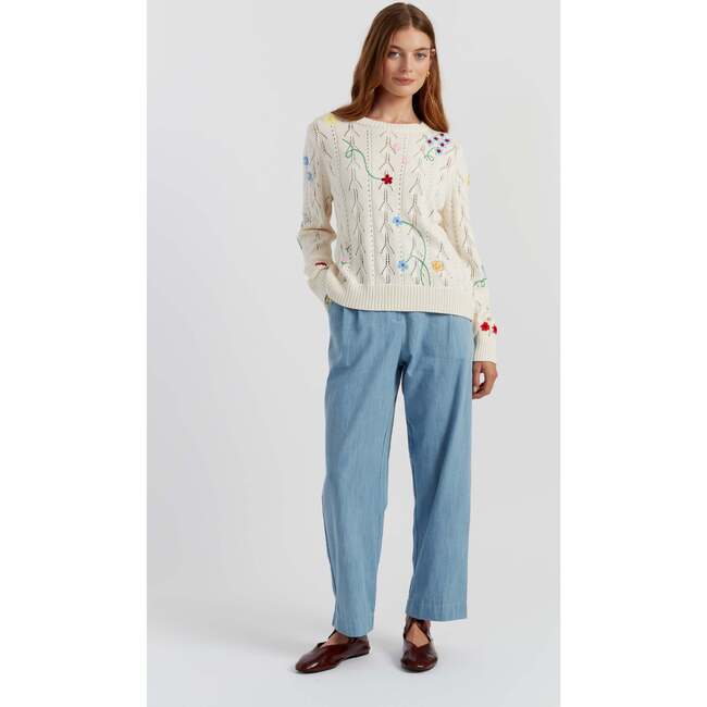 Cotton Hand Embroidered Floral Sweater, Cream - Sweaters - 4